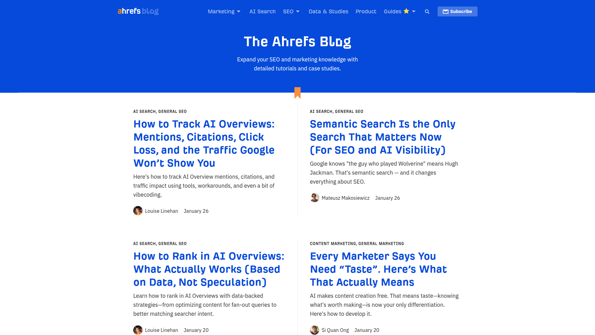 Ahrefs blog with topical navigation and featured posts