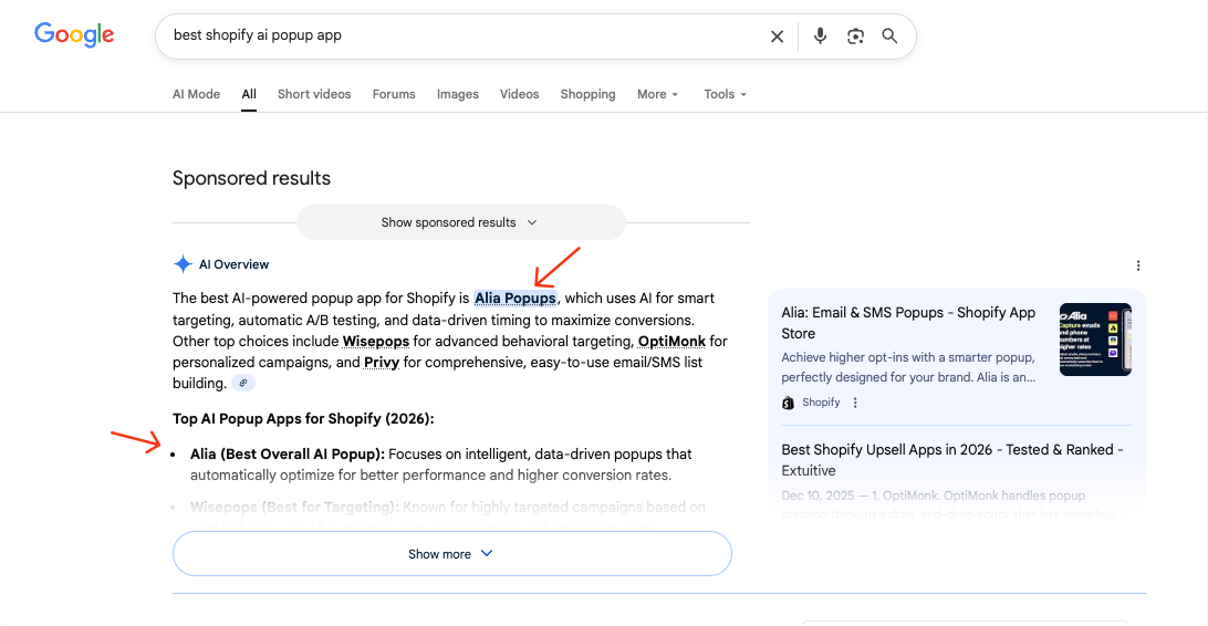 Alia Popups AI Overview