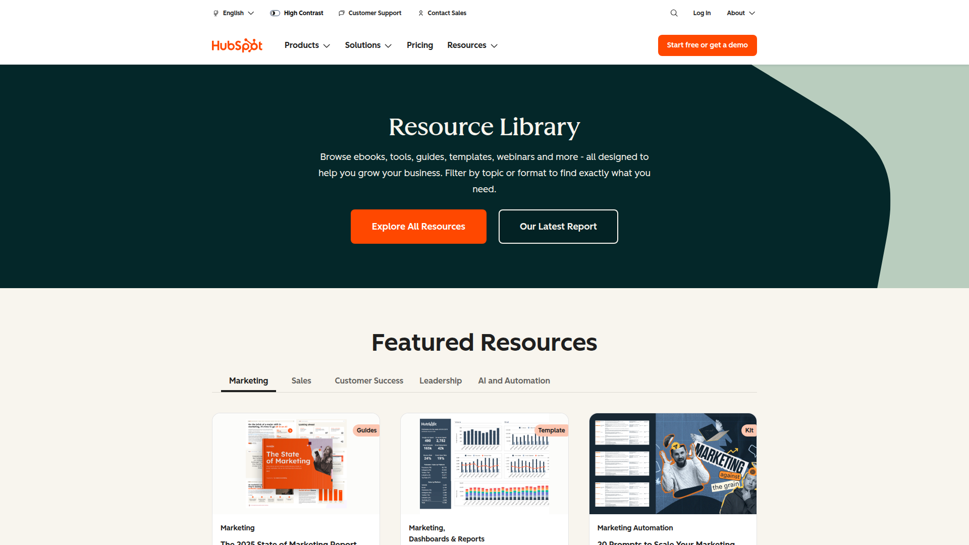 HubSpot resources hub with blog, ebooks, and templates organized by topic