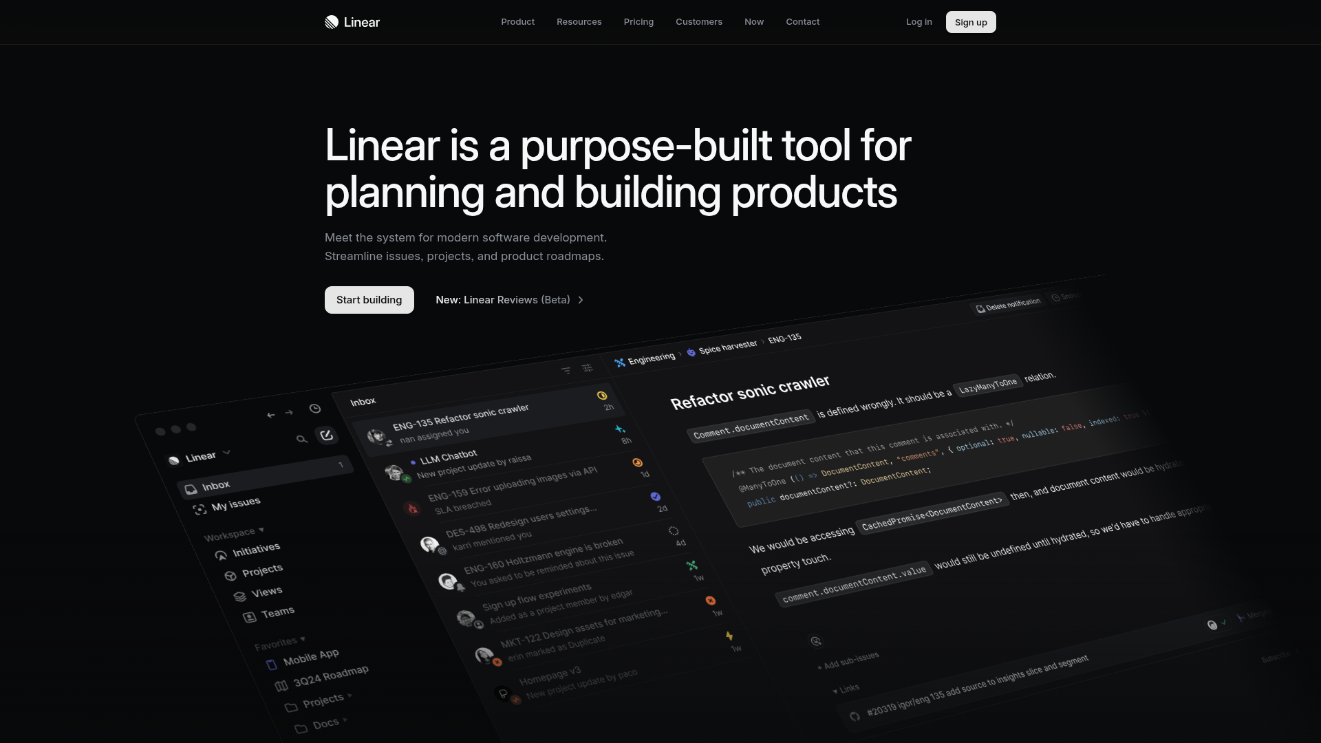 Linear homepage with purpose-built messaging and dark aesthetic