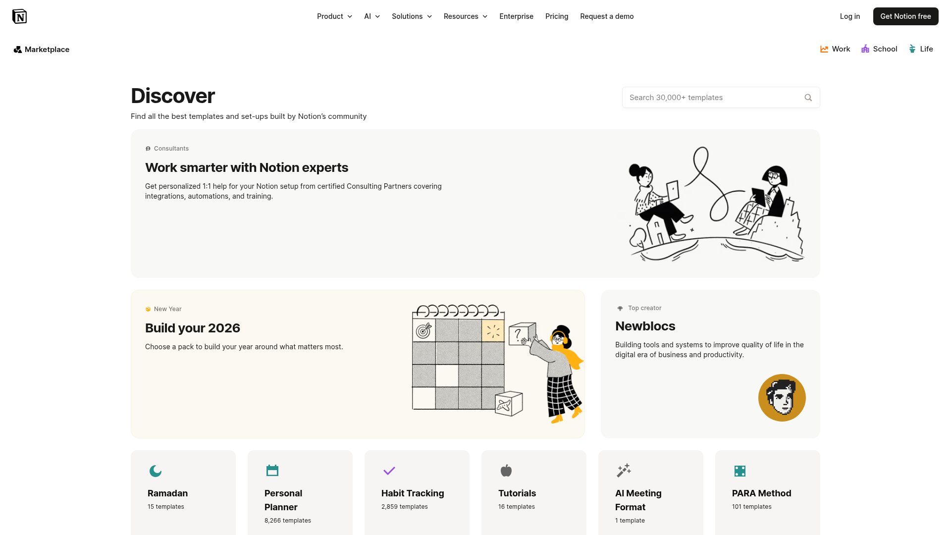 Notion Templates gallery with 30,000+ templates for Work, School, and Life