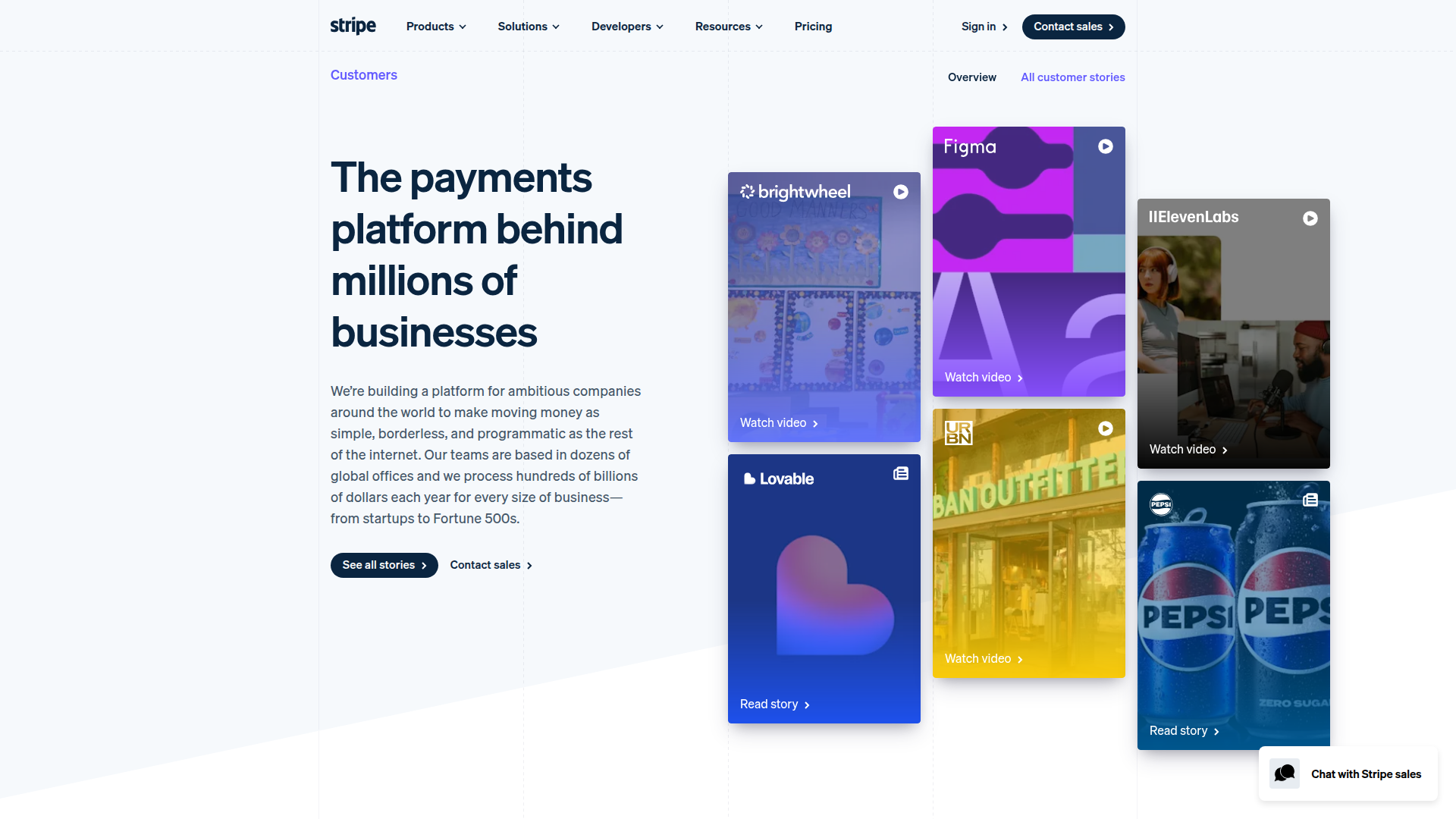 Stripe Customers page featuring Figma, Lovable, and enterprise logos
