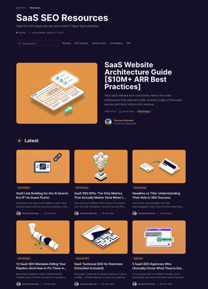 TalktheTalk SaaS SEO Resources blog with category navigation, featured post, and author profiles