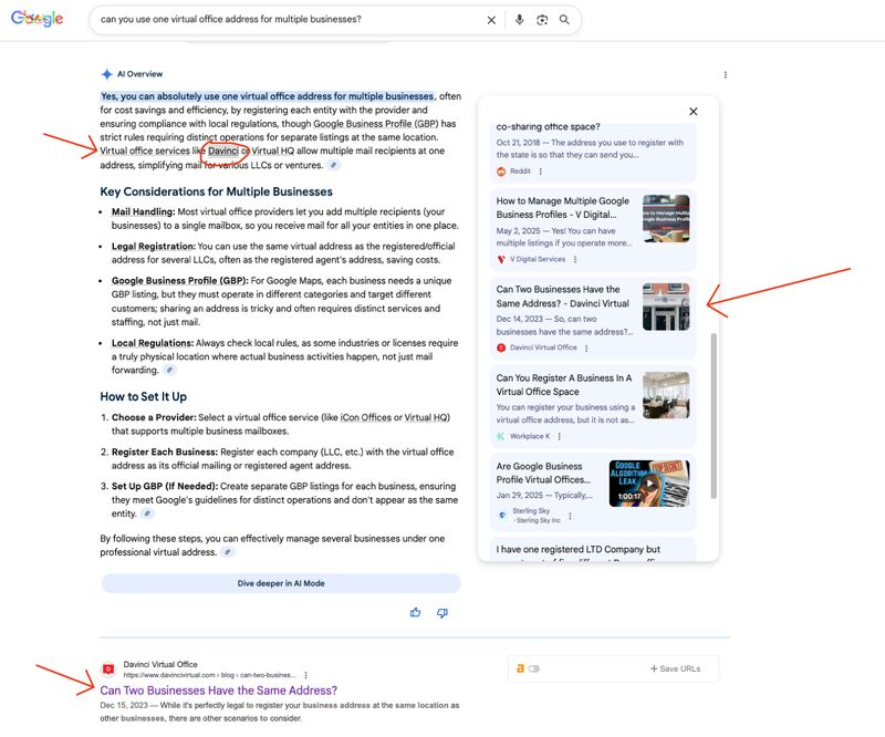 SERP example showing AI Overview recommending DaVinci for virtual office addresses